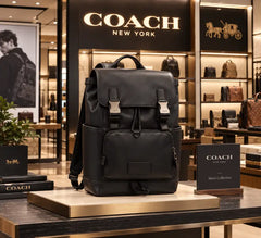 Coach Black Leather Charter Backpack with Dual Buckle Closures & Front Utility Pocket (058)
