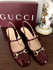 Gucci GG Horsebit Red Wine Patent Leather Pump With Original Box And Carry Bag
