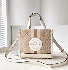Coach Dempsey Tote 22 In Signature Jacquard With Stripe And Coach Patch With OG Box & Dust Bag (Beige-5638)
