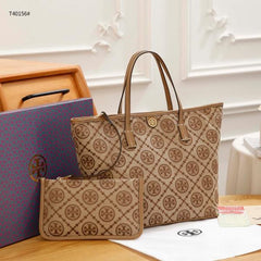 Tory Burch T Monogram Tote With OG Box & Dust Bag & Extra Pouch (Brown - 634)
