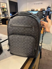 Coach Ethan Black Signature Leather Backpack with Front Zip Pockets & Dust Bag (888)