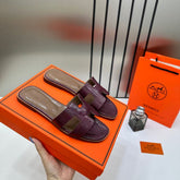 Hermes Paris Oran Flats Croc Leather White For Her With OG Box & Carry Bag Maroon Slide