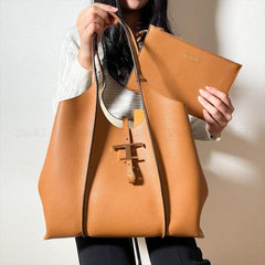 Tods T Timeless Premium Quality Leather Bag With Extra Pouch & OG Box With Dust Bag (Tan - 446)