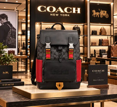 Coach Charter Backpack in Black Signature Canvas with Red Leather Side Panels Grey Flap & Multicolor Accent Straps (Black-Red) (58-1)