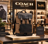 Coach Signature Canvas Charter Backpack with Black Leather Flap Dual Buckle Closures & Front Zip Pocket (058)