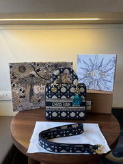 Christian Dior Lady D-Lite Embroidery Print Blue With OG Double Box & Carry Bag