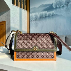 Tory Burch T Monogram Genuine Leather Shoulder Bag With OG Box & Dust Bag & Accessories (Brown Green 201)