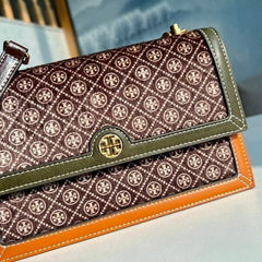 Tory Burch T Monogram Genuine Leather Shoulder Bag With OG Box & Dust Bag & Accessories (Brown Green 201)