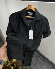 Zara Black Leaf Printed Premium Crochet Shirt