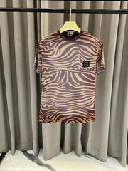 Balmain Chest Steel Logo Brown Zebra Print Round Neck T-shirt