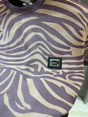 Balmain Chest Steel Logo Brown Zebra Print Round Neck T-shirt