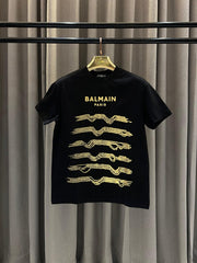Balmain Middle Brand Chain Print Round Neck T-shirt Black