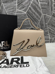 Karl Lagerfeld KSignature Top Handle Crossbody With Original Box - 2 Belt(Chain Leather) BEIGE