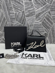 Karl Lagerfeld KSignature Top Handle Crossbody With Original Box - 2 Belt(Chain Leather) BLACK
