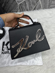 Karl Lagerfeld KSignature Top Handle Crossbody With Original Box - 2 Belt(Chain Leather) BLACK