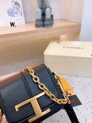 Tods T Timeless Logo-Plaque Shoulder Bag With OG Box & Dust Bag (Black-RV629)