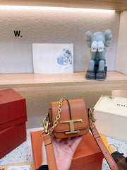 Tods T Timeless Logo-Plaque Shoulder Bag With OG Box & Dust Bag (Brown-RV629)