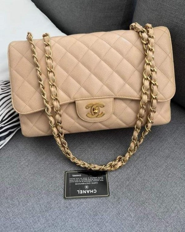 Chanel Classic Jumbo Flap Shoulder Bag With OG Box Dust Bag Apricot Lebrougesind