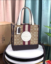 Coach Dempsey Tote 22 In Signature Jacquard With Stripe And Coach Patch With OG Box & Dust Bag (Maroon-B5638)