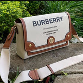 Burberry Horseferry Canvas Leather Shoulder Bag Beige Brown With OG Box & Dust Bag 1208 White Canvas