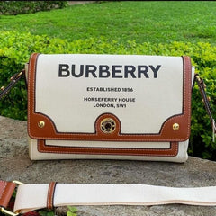 Burberry Horseferry Canvas Leather Shoulder Bag Beige Brown With OG Box & Dust Bag 1208 White Canvas