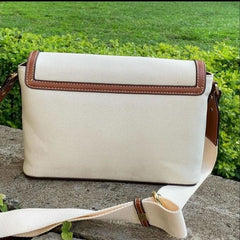 Burberry Horseferry Canvas Leather Shoulder Bag Beige Brown With OG Box & Dust Bag 1208 White Canvas