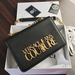 Versace Jeans Couture Saffiano Lock Crossbody Bag With OG Gift Box & Dust Bag (Black - VA029)
