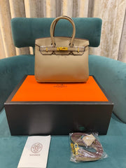 Hermes Apricot Grey Togo Leather Rose Gold Hardware Birkin Bag With Dust Bag & OG Box (BK25 Apricot Grey)