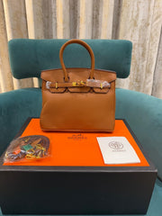 Hermes Brown Togo Leather Rose Gold Hardware Birkin Bag With Dust Bag & OG Box (BK25 Brown)
