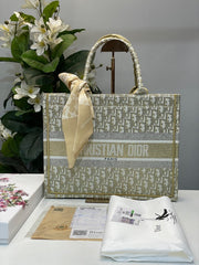 Christian Dior Book Tote Oblique Embroidery With OG Box & Dust Bag & Scarf (Gold M929 41Cm)