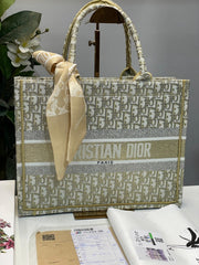 Christian Dior Book Tote Oblique Embroidery With OG Box & Dust Bag & Scarf (Gold M929 41Cm)