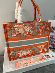 Christian Dior Book Tote With OG Box & Dust Bag & Scarf (Orange Tiger M929)