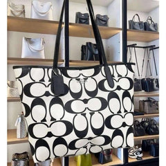 Coach Signature City Limited Edition Premium Tote Bag With OG Magnetic Box & Dust Bag (Black White-874)