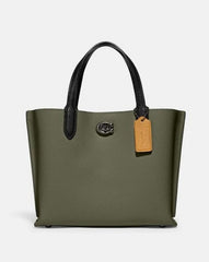 Coach Willow Leather Tote 24 In Colorblock Olive Green With Shoulder Strap & Dust Bag 8561