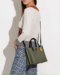 Coach Willow Leather Tote 24 In Colorblock Olive Green With Shoulder Strap & Dust Bag 8561