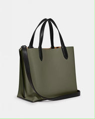 Coach Willow Leather Tote 24 In Colorblock Olive Green With Shoulder Strap & Dust Bag 8561