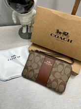 Coach Corner Zip Wristlet In Signature Canvas With Brown Stripe With OG Box & Dust Bag 104