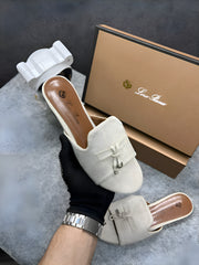 Loro Piana Summer Charms Grey suede Flat Slides For Her With OG Box Grey