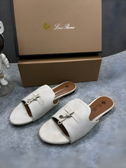 Loro Piana Summer Charms Grey suede Flat Slides For Her With OG Box Grey