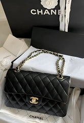 Chanel Classic Flap Black Medium Lambskin With OG Box & Dust Bag 1119 Black Gold