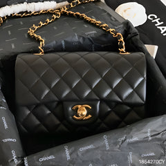 Chanel Classic Flap Black Medium Lambskin With OG Box & Dust Bag 1119 Black Gold