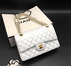 Chanel Classic Flap White Medium Lambskin With OG Box & Dust Bag 1119 White Gold