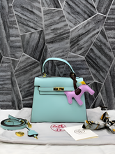 Hermes Kelly 25 Light Green With DustCover Long Belt HorseCharm Ribbon Premium Medium Handbag