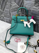 Hermes Kelly 25 Blue Green With DustCover Long Belt HorseCharm Ribbon Premium Medium Handbag