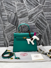 Hermes Kelly 25 Blue Green With DustCover Long Belt HorseCharm Ribbon Premium Medium Handbag