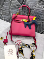 Hermes Kelly 25 Rose Red With DustCover Long Belt HorseCharm Ribbon Premium Medium Handbag