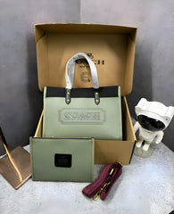 Coach Field Tote 30 Authenic Black Canvas Olive Leather With Pouch OG Box & Dust Bag 6739 Olive