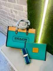 Coach Field Tote 30 Authenic Green Canvas Leather With Pouch OG Box & Dust Bag 6739 Green