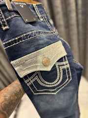 TRUE RELIGION BOOTCUT BLUE LEATHER PATCH