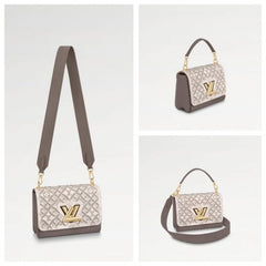 Louis Vuitton Embroidered Twist Logo Premium Double Box Bag With Shoulder Strap (45962 White Grey)